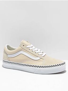 Vans Beige Low-Top Sneakers with White Stripe and Checkerboard Trim
